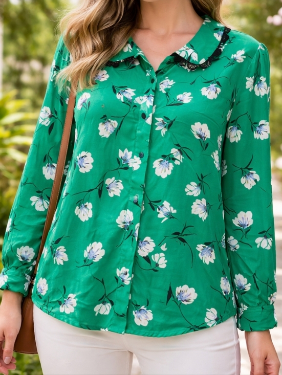cleo Tops - Cleo Green Floral Button-Up Blouse Peter Pan Collar Cottagecore Feminine Chic